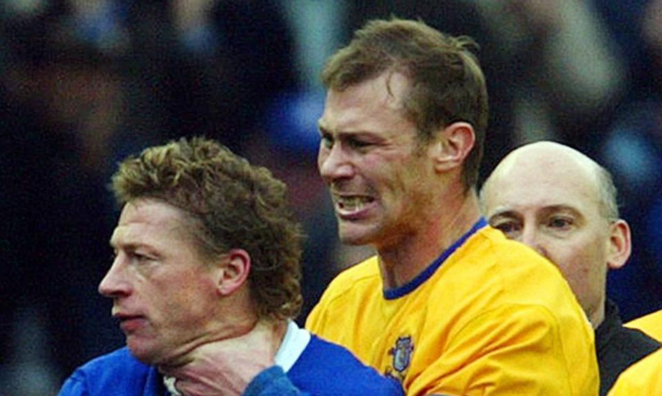 Duncan Ferguson throttles Leicester City’s Steffen Freund after being sent off in March 2004.