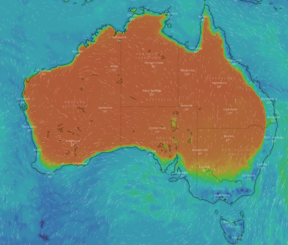 A weather map of Australia showing temperatures cooling across the southeast.