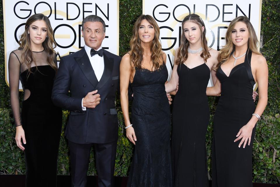 Sistine Stallone, Sylvester Stallone, model Jennifer Flavin, Scarlet Stallone, and Sophia Stallone at the 2017 Annual Golden Globe Awards.