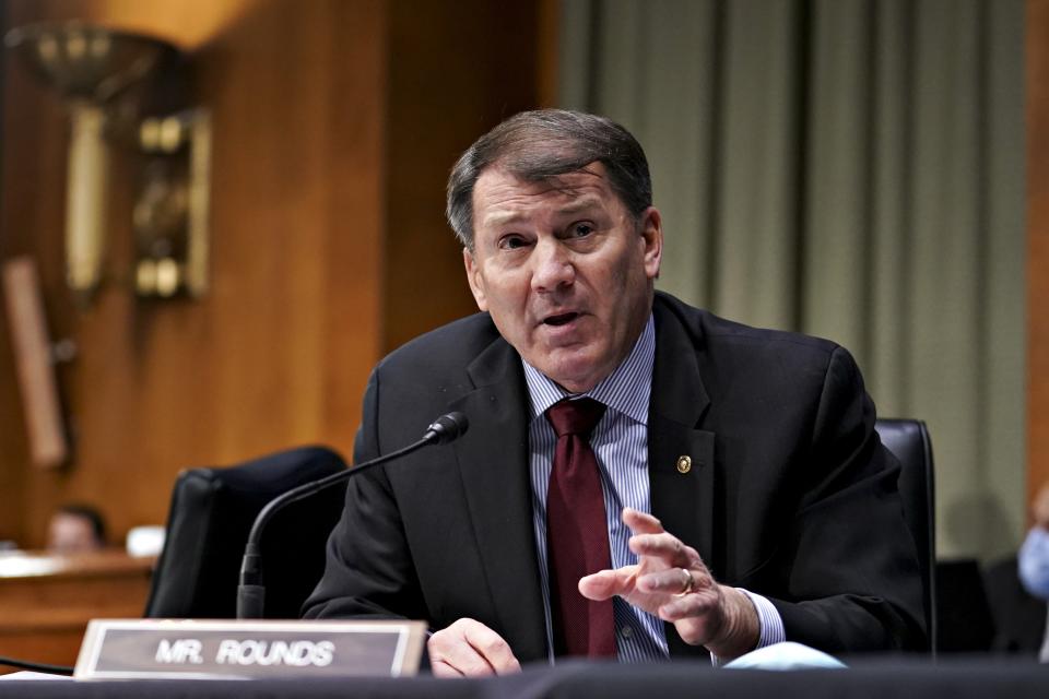 File: Mike Rounds speaking during a Senate Veterans’ Affairs Committee confirmation hearing on 27 January 2021 (AFP via Getty Images)