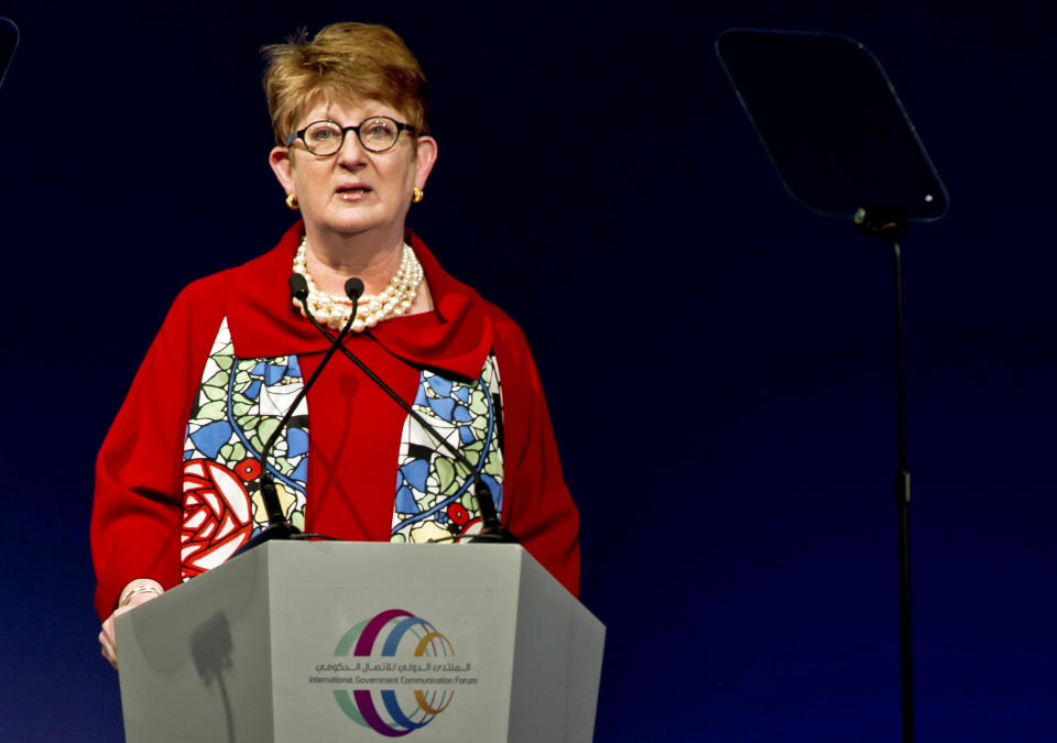 The Associated Press executive editor Kathleen Carroll speaks at the International Government Communication Forum, in Sharjah, United Arab Emirates, Monday, Feb. 24, 2014. Carroll called on governments around the world to support an independent press, warning Monday that efforts to silence the media through intimidation and violence are “in effect an attack on a nation’s people.” (AP Photo/Al Moutasim Al Maskery)