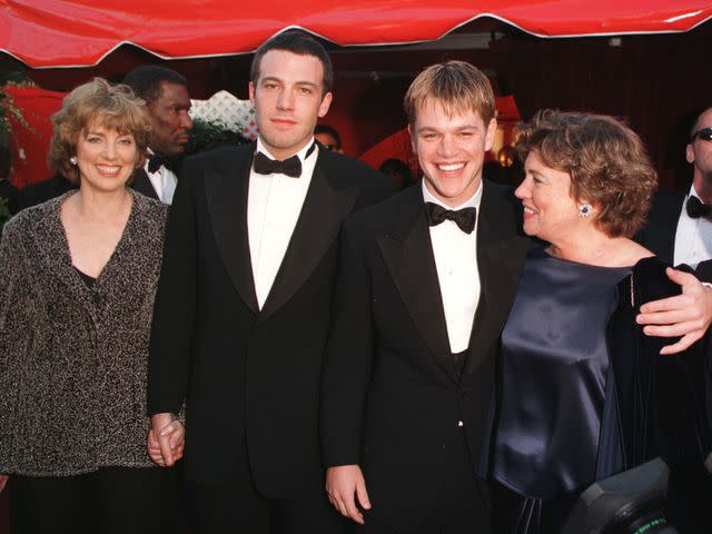 <p>Vince Bucci/AFP/Getty</p> Ben Affleck and Matt Damon arrive with their mothers Chris and Nancy at the 70th Annual Academy Awards on March 23, 1998 in Los Angeles, California.