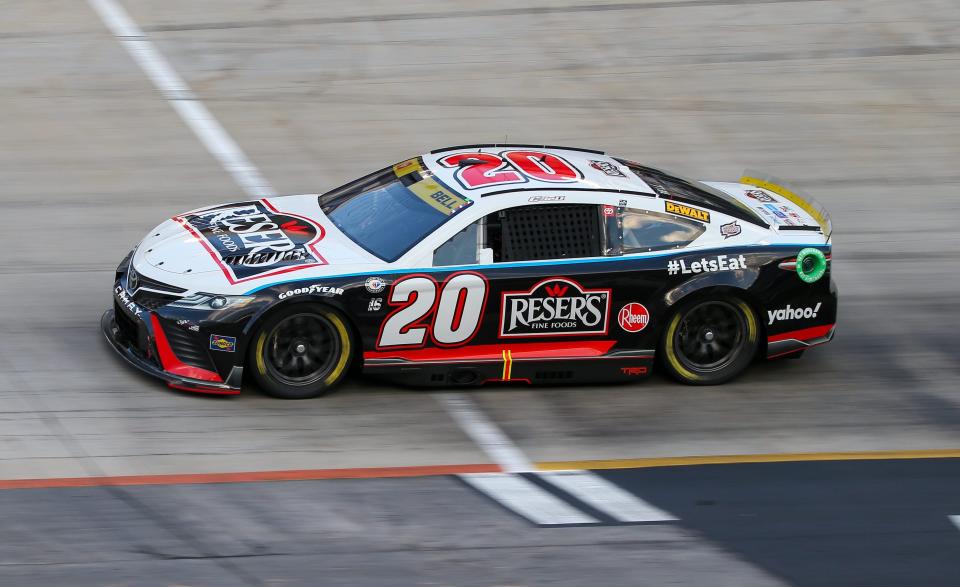 Sep 15, 2023; Bristol, Tennessee, USA; NASCAR Cup Series driver Christopher Bell (20) wins the pole during qualifying for the Bass Pro Shops Night Race at Bristol Motor Speedway. Mandatory Credit: Randy Sartin-USA TODAY Sports