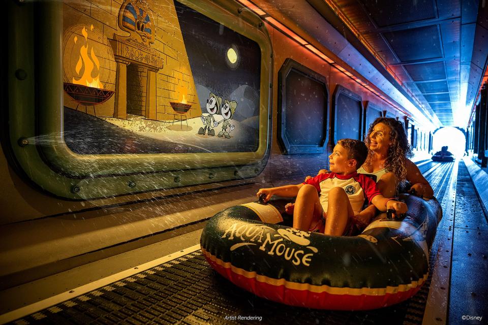 Onboard the Disney Treasure, AquaMouse: Curse of the Golden Egg, Disney Cruise Line’s own attraction at sea, will introduce an all-new storyline to its existing lineup.