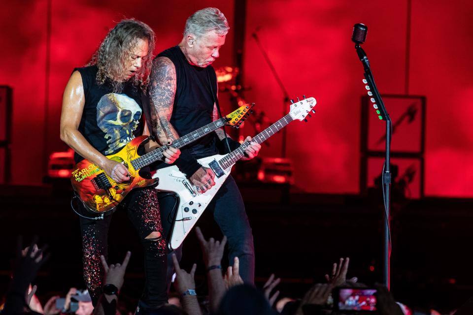 US' Singer and guitarist James Hetfield (R) and US' guitarist Kirk Hammett (L) from the US' heavy metal band Metallica perform on stage during the first day of the Pinkpop music festival, in Landgraaf on June 17, 2022. - Netherlands OUT (Photo by Paul Bergen / ANP / AFP) / Netherlands OUT (Photo by PAUL BERGEN/ANP/AFP via Getty Images)