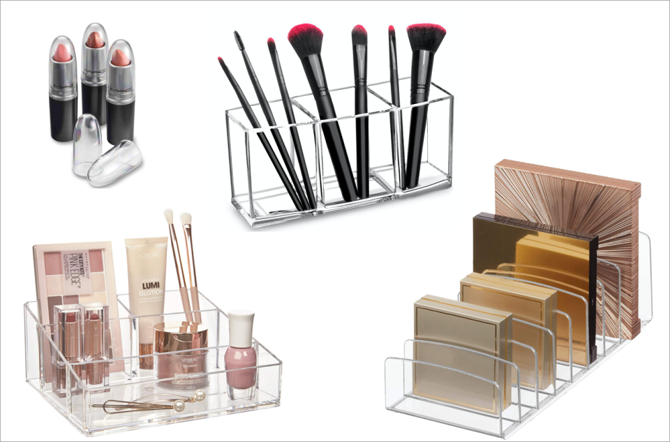 Separate makeup into categories. Then organize further with tools like these clear lipstick caps and palette stands, available on Amazon. (Photo: Amazon)