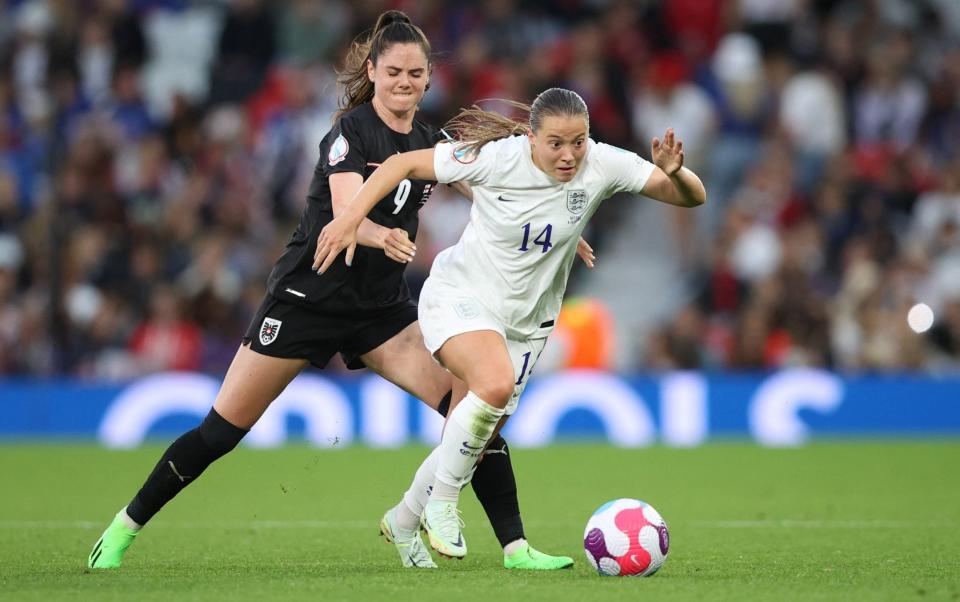 Women's Euro 2022 - Group A - England v Austria - Old Trafford, Manchester, Britain - July 6, 2022 Austria's Sarah Zadrazil in action with England's Fran Kirb - REUTERS