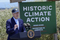 FILE - President Joe Biden speaks at the Lucy Evans Baylands Nature Interpretive Center and Preserve in Palo Alto, Calif., June 19, 2023. Biden talked about climate change, clean energy jobs and protecting the environment. (AP Photo/Susan Walsh, File)