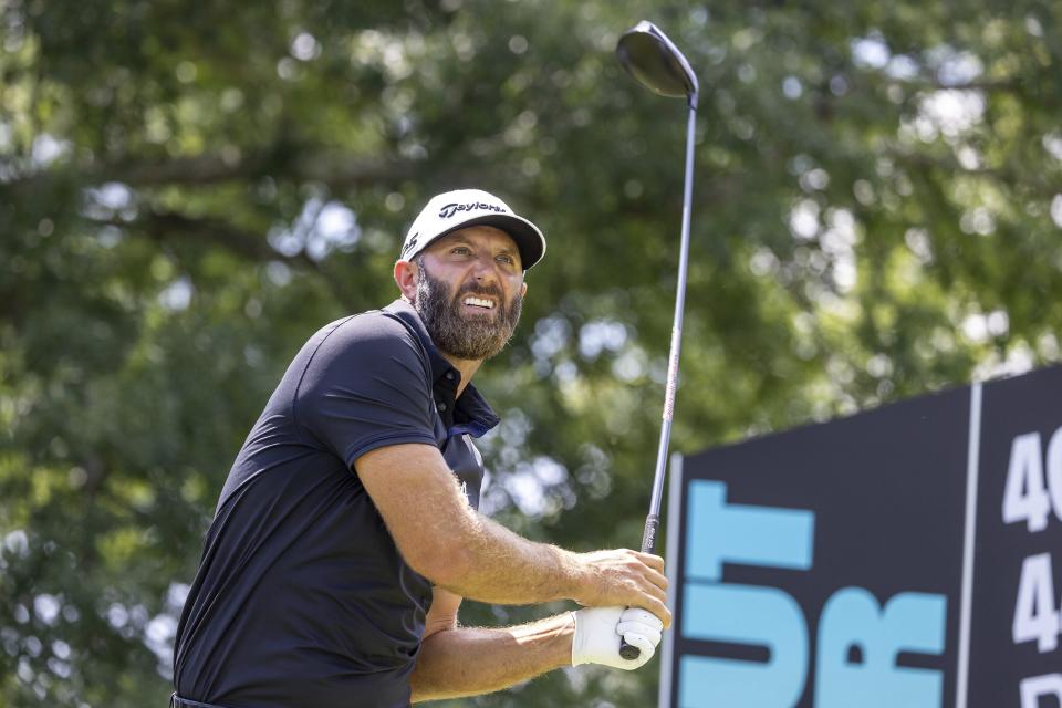 Captain Dustin Johnson of 4Aces GC watches hits his shot from the second tee during the second round of LIV Golf tournament at The Greenbrier, Saturday, Aug. 5, 2023 in White Sulfur Springs, W.Va. (Photo by Chris Trotman/LIV Golf via AP)