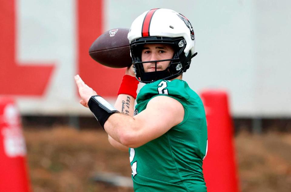 N.C. State quarterback Grayson McCall (2) prepares to pass during the Wolfpack’s first spring practice Tuesday, Feb. 27, 2024.