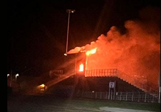 The press box at Frankfort High School's press box caught fire late Halloween night, Tuesday, Oct. 31, 2023. The fire department and the school district announced Monday, Nov. 6, 2023, that the fire was accidental.