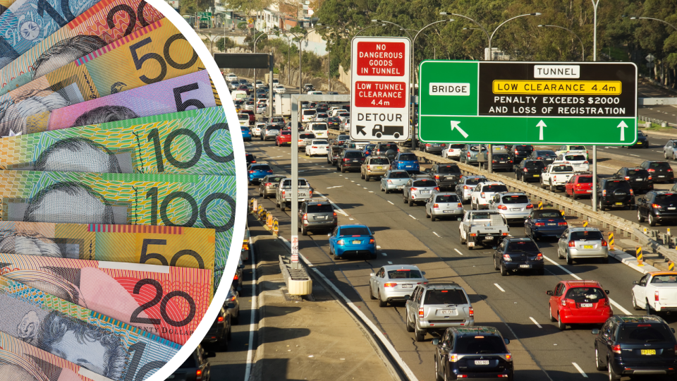 A composite image of Australian currency fanned out and drivers on Sydney a Sydney road stuck in traffic.