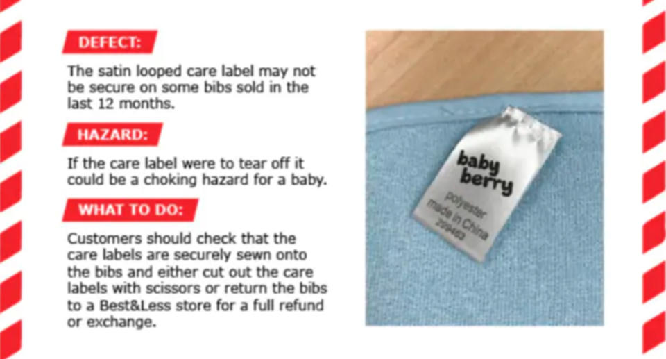 Product recall: Best & Less baby bibs recalled amid choking hazard fears.