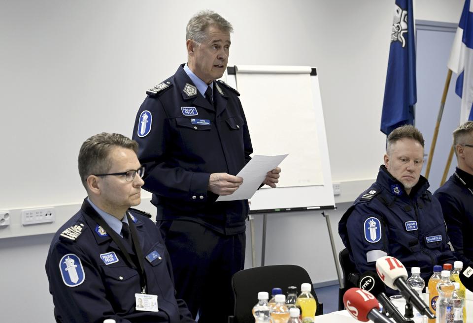 National Police Commissioner Seppo Kolehmainen speaks during a police press conference on the Viertola school shooting incident, in Vantaa, Finland, Tuesday, April 2, 2024. A 12-year-old student opened fire at a secondary school in southern Finland on Tuesday morning, killing one and seriously wounded two other students, police said. The suspect was later arrested. (Markku Ulander/Lehtikuva via AP)