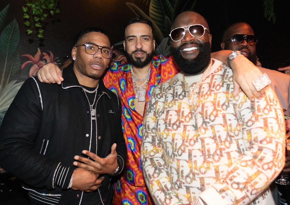 <p>Nelly and French Montana step out to celebrate pal Rick Ross at the icon's birthday party at Mr. Hospitality's El Tucán with <em>Haute Living</em> and Rolls-Royce on Jan. 26 in Miami. </p>