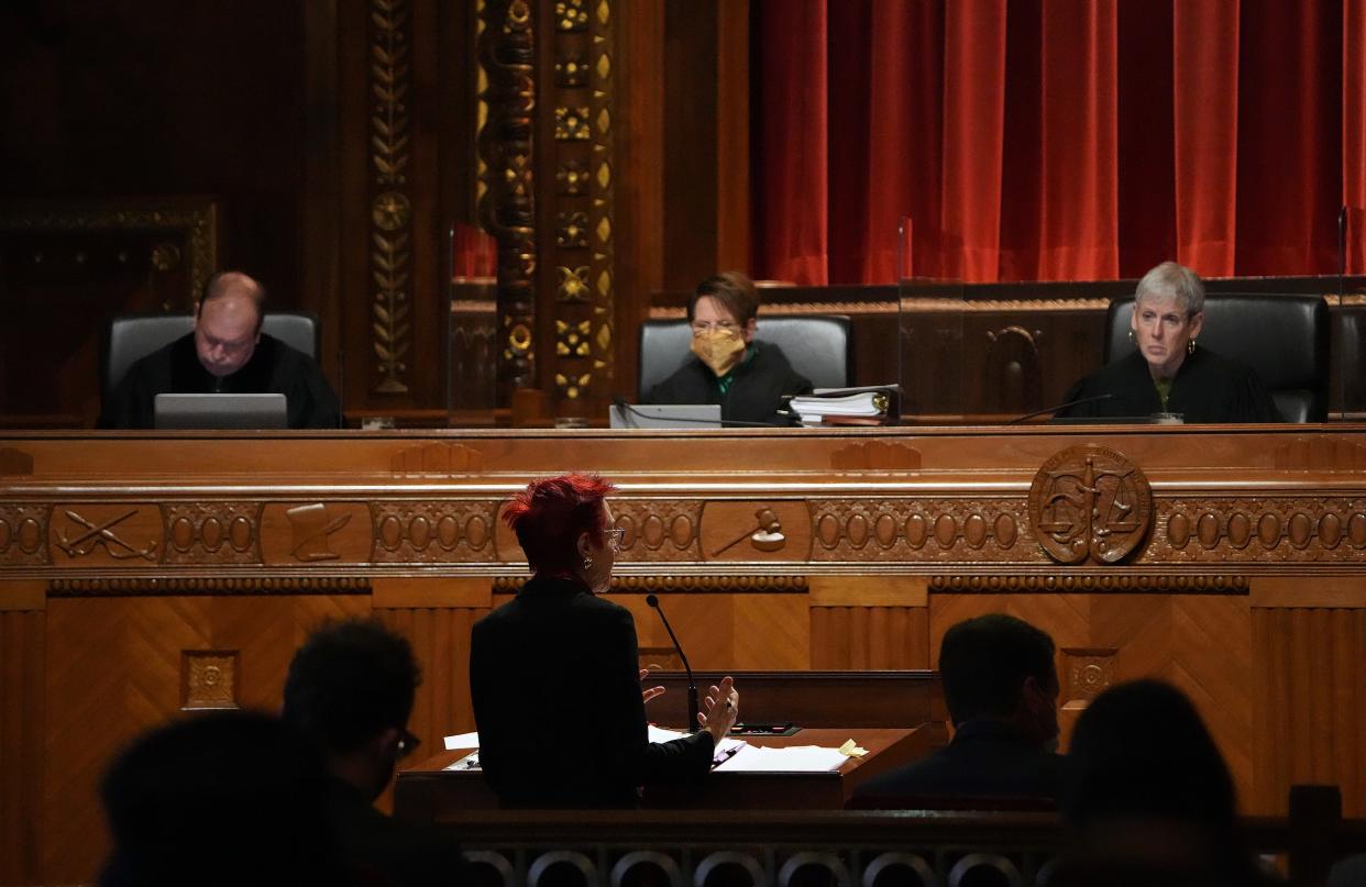 Attorney Freda J. Levenson speaks to Ohio Supreme Court during oral arguments in League of Women Voters of Ohio, et al. vs. Ohio Redistricting Commission,et al. at the Ohio Supreme Court