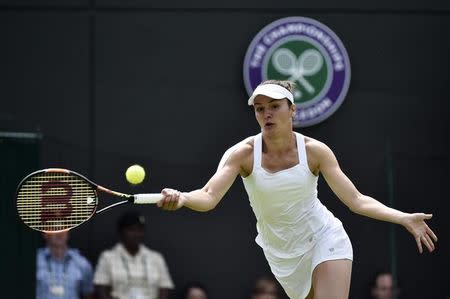 Margarita Gasparyan of Russia plays a shot during her match against Serena Williams of U.S.A. at the Wimbledon Tennis Championships in London, June 29, 2015. REUTERS/Toby Melville