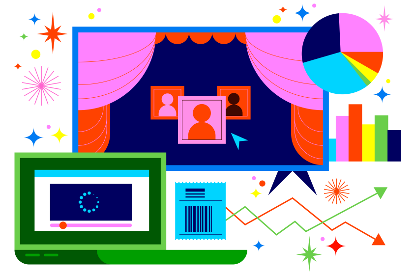 Illustration showing movie theater, television, laptop with loading video screen, bar chart, pie chart and fever chart