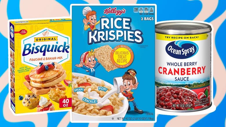 boxes of Bisquick, rice Krispies, and Ocean Spray cranberries