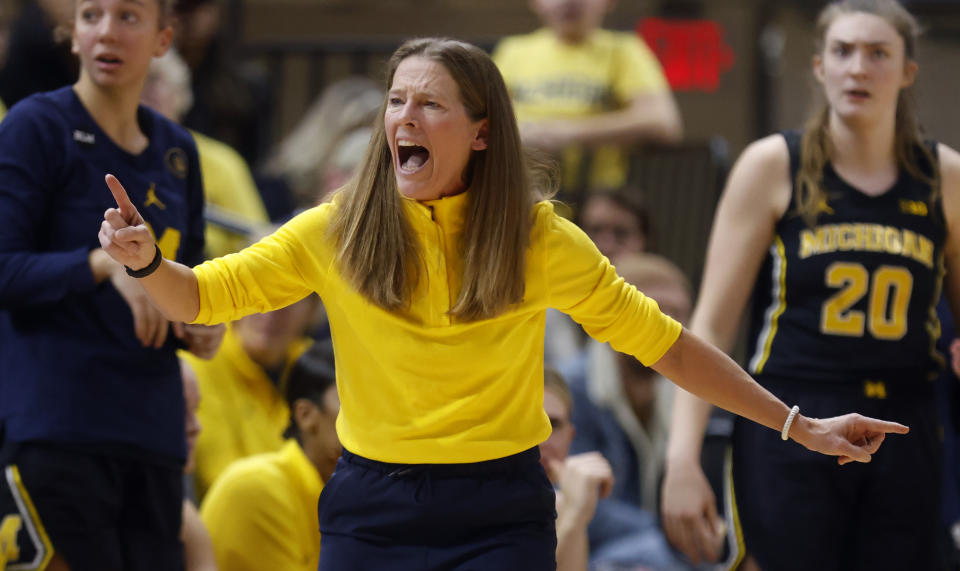 Michigan coach Kim Barnes Arico reacts to a call during the second half of an NCAA college basketball game against Ohio State in Columbus, Ohio, Saturday, Dec. 31, 2022. Ohio State won 66-57. (AP Photo/Paul Vernon)