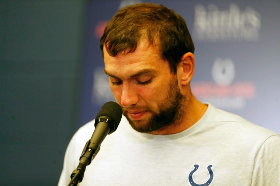 Aug 24, 2019; Indianapolis, IN, USA; Indianapolis Colts quarterback Andrew Luck announces his retirement in a press conference after the game against the Chicago Bears at Lucas Oil Stadium. Mandatory Credit: Brian Spurlock-USA TODAY Sports