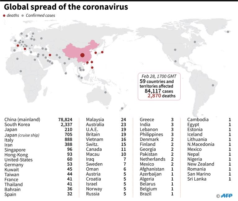 Countries and territories with confirmed cases of the new coronavirus as of February 28 at 1700 GMT
