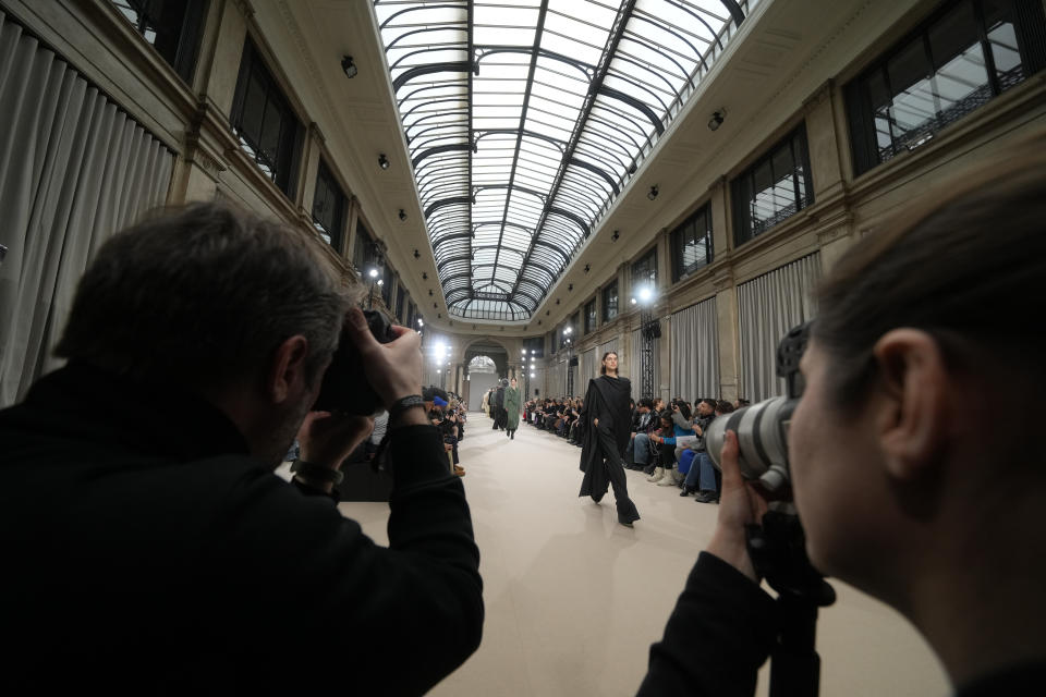 Models wear creations as part of the Del Core women's Fall-Winter 2024-25 collection presented in Milan, northern Italy, Wednesday, Feb. 21, 2024. (AP Photo/Luca Bruno)