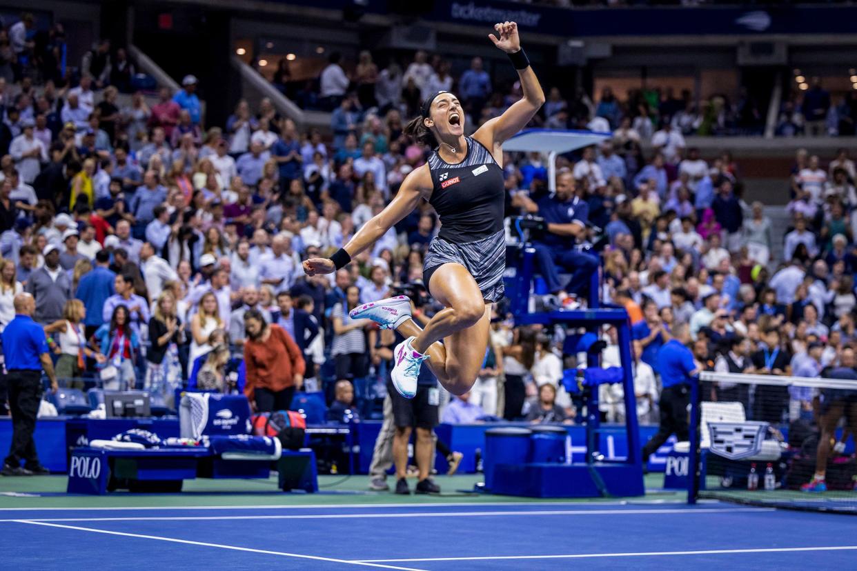 France's Caroline Garcia celebrates after defeating USA's Coco Gauff in the 2022 U.S. Open Tennis tournament women's singles quarter-finals at the USTA Billie Jean King National Tennis Center in New York on Sept. 6, 2022.