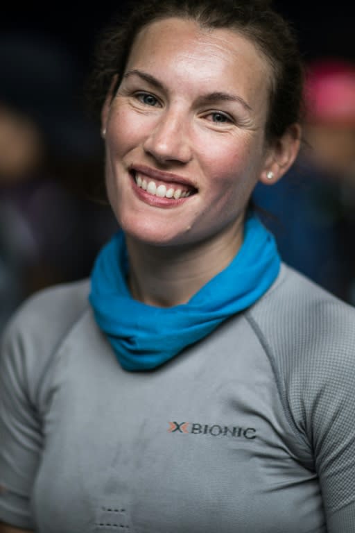 Great-Britain's trail runner Sophie Power poses during a break as she competes in the 170 km Mount Blanc Ultra Trail (