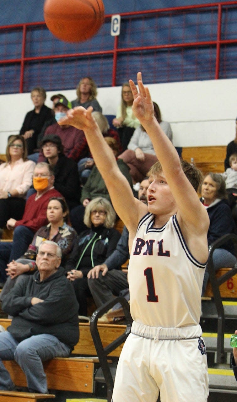 BNL guard Trace Rynders rifles in a 3-pointer against Evansville Memorial Saturday afternoon.