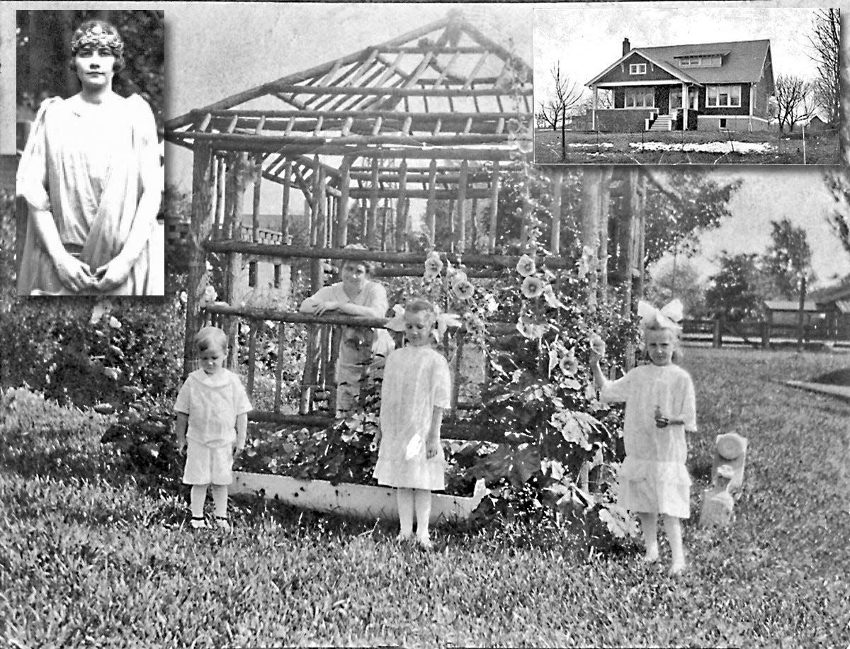 Fred (left), Frances and Betty Nesbitt are shown about 1914 in front of the rose pergola at the home of their grandfather Frank Howell at 1082 Broadview Ave. Their mother, Louise Howell Nesbitt, is inside the pergola. The Nesbitt family home at 1049 Grandview Ave. is shown in the 1911 photograph (top right inset). Frances dressed as the Goddess of Peace (upper left) for the 1924 Grandview Field Day parade.