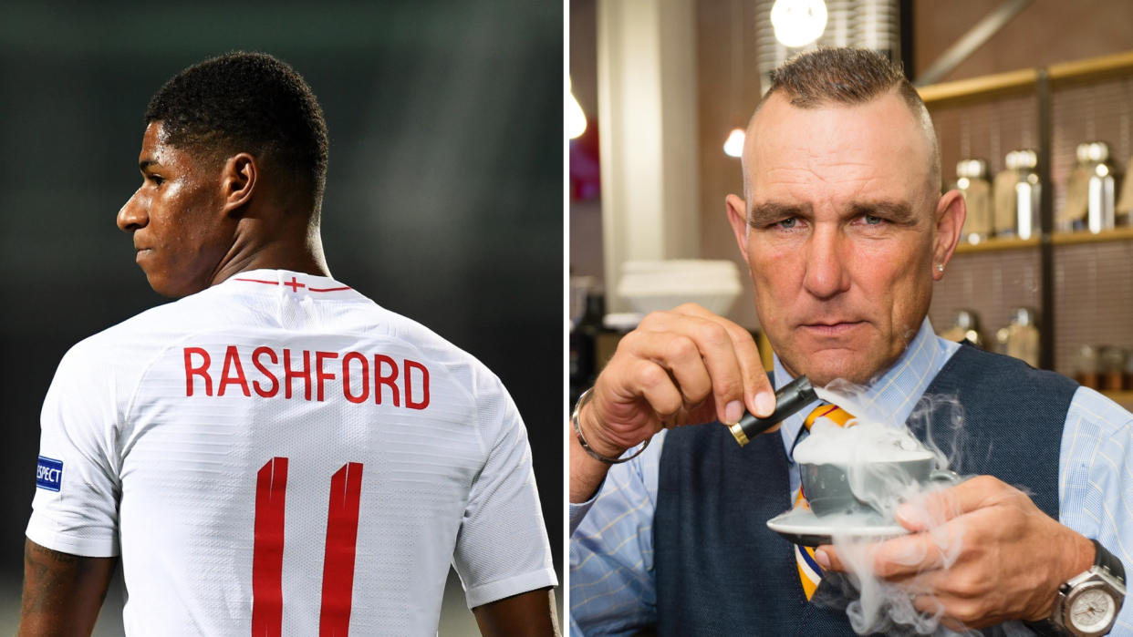 England international Marcus Rashford and Vinnie Jones.