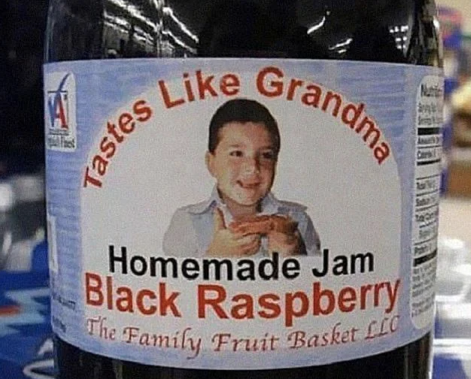 Label on jam jar reads "Tastes Like Grandma, Homemade Jam Black Raspberry" with a child's photo