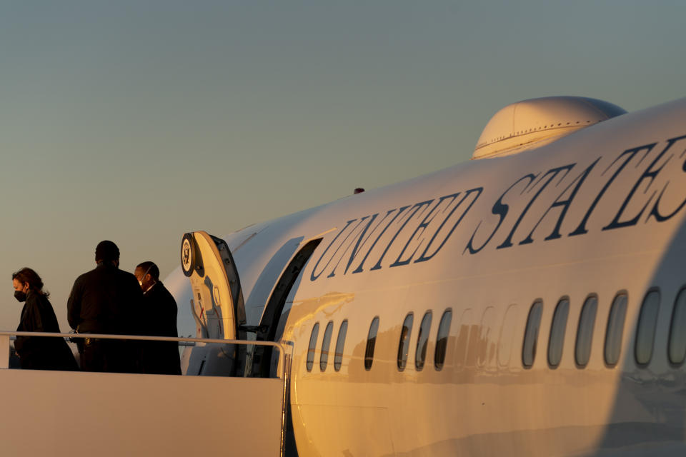 Vice President Kamala Harris arrives at Andrews Air Force Base, Md., Sunday, Feb. 20, 2022, after attending the Munich Security Conference in Munich. (AP Photo/Andrew Harnik, Pool)