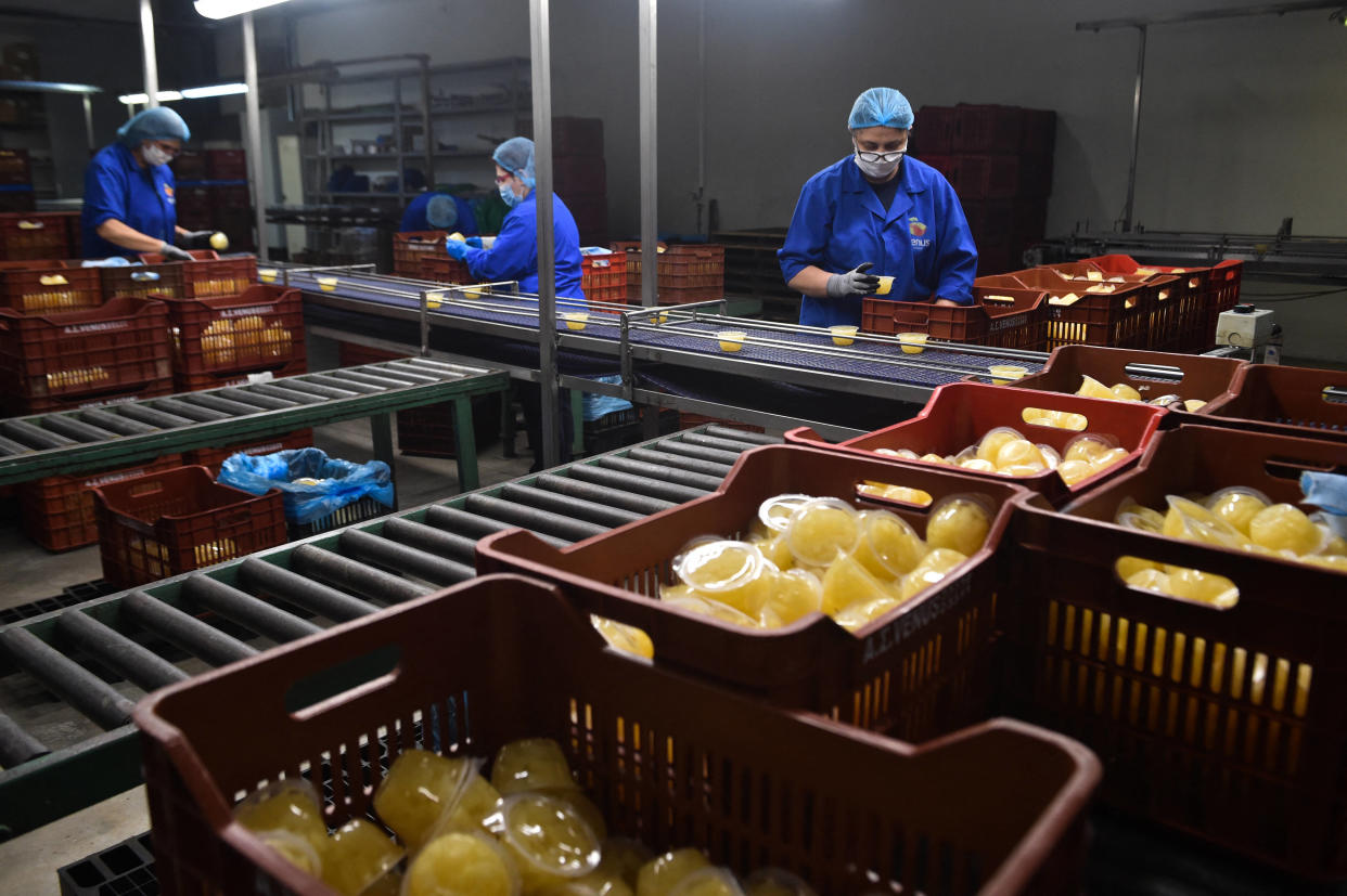 Des ouvriers travaillent dans une usine produisant des pêches en boîte fournies par les agriculteurs locaux à Veria, dans le nord de la Grèce, le 8 mai 2020.