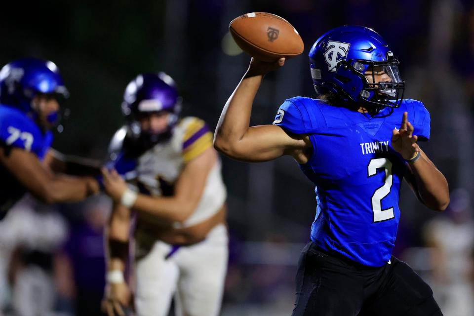 Trinity Christian quarterback Colin Hurley looks to throw during a September 2022 game against Columbia.