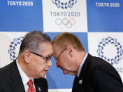 International Olympic Committee (IOC) Vice President and Chairman of the Coordination Commission for the Tokyo 2020 Games John Coates (R) and Yoshiro Mori, head of the 2020 Tokyo Olympics organising committee attend at a news conference in Tokyo, Japan, December 2, 2016. REUTERS/Kim Kyung-Hoon