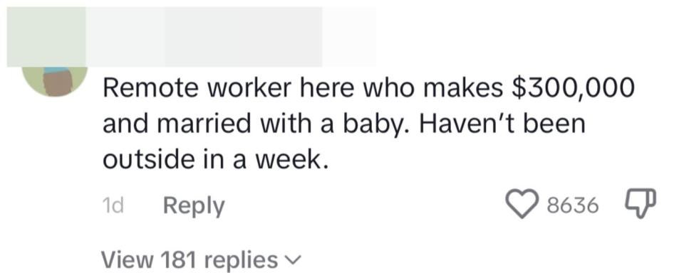 Remote worker here who makes $300,000 and married with a baby; haven't been outside in a week