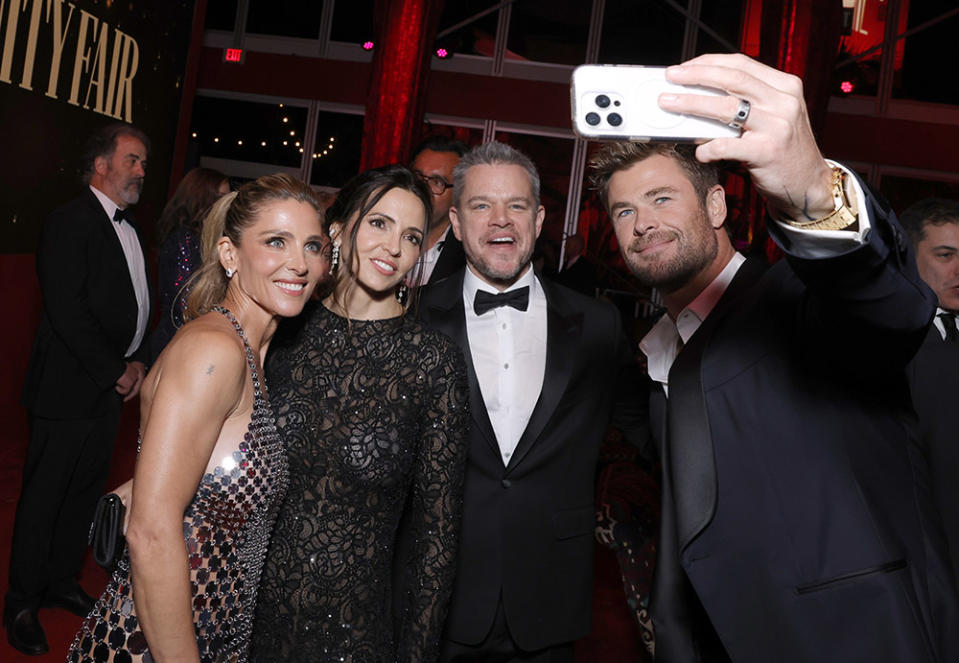 Elsa Pataky, Luciana Damon, Matt Damon, and Chris Hemsworth attend the 2024 Vanity Fair Oscar Party Hosted By Radhika Jones at Wallis Annenberg Center for the Performing Arts on March 10, 2024 in Beverly Hills, California.