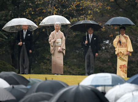 FILE PHOTO : (L to R) Japan's Emperor Akihito, Empress Michiko, Crown Prince Naruhito and Crown Princess Masako attend an autumn garden party at Akasaka Palace Imperial garden in Tokyo, Japan November 9, 2018. Kazuhiro Nogi/Pool via REUTERS/File Photo