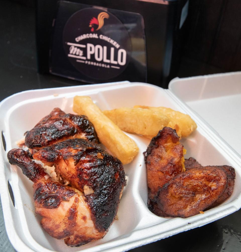 An order of chicken with yuca and plantains at the new second location of Mr. Pollo on Woodbine Road in Pace on Friday, June 30, 2023.