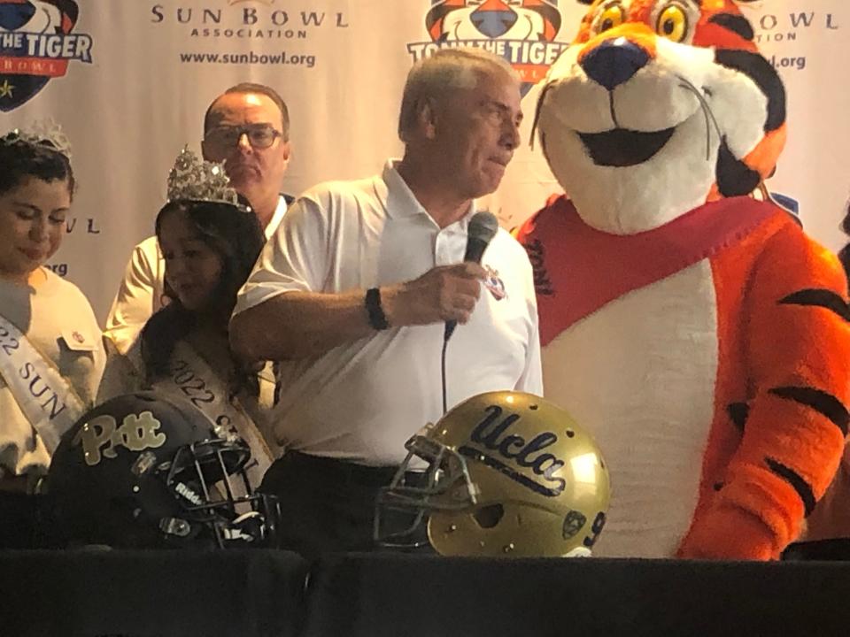 Sun Bowl Association Executive Director Bernie Olivas introduces Pitt and UCLA as the teams coming to the Tony the Tiger Sun Bowl.