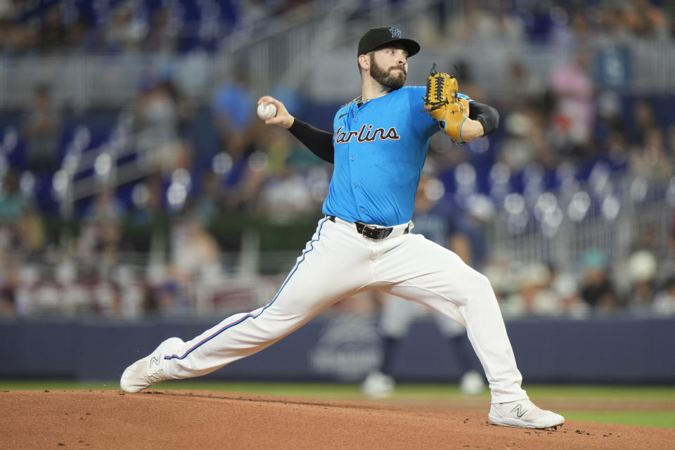 Miami Marlins' Kyle Tyler delivers a pitch during the first inning of a baseball game against the Seattle Mariners, Sunday, June 23, 2024, in Miami. (AP Photo/Wilfredo Lee)