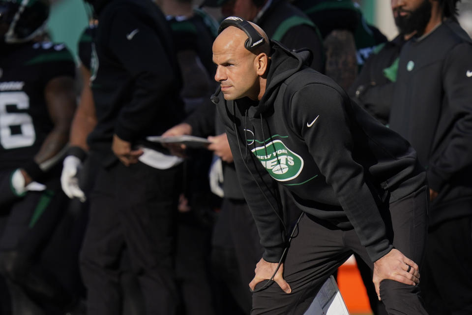 New York Jets head coach Robert Saleh works the sidelines during the first half of an NFL football game against the Philadelphia Eagles, Sunday, Dec. 5, 2021, in East Rutherford, N.J. (AP Photo/Seth Wenig)