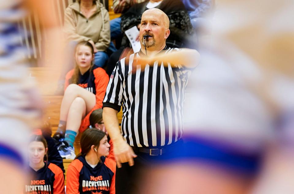 Scott Smith referees an eighth grade girls basketball game Wednesday, Feb. 8, 2023 at Western Boone Junior High School in Thorntown.
