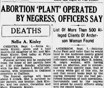 Newspaper clipping with the headline: Abortion ‘Plant’ operated by negress, officers say, Deaths, List of more than 500 alleged clients of Anderson woman found.