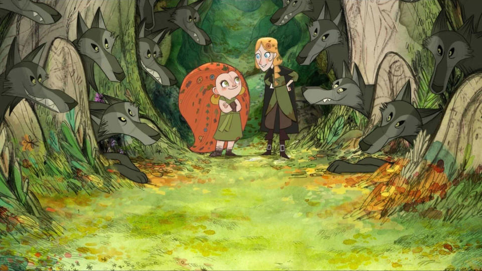 An animated still of two childlike figures surrounded by wolves