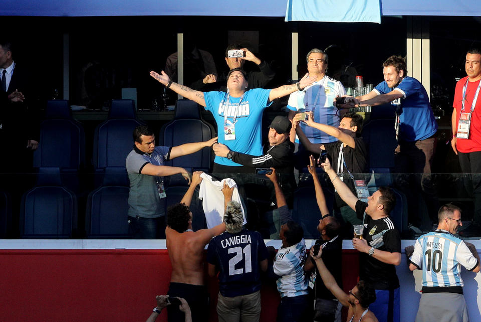 <p>Diego Maradona in the stands before the FIFA World Cup Group D match at Saint Petersburg Stadium. (Photo by Owen Humphreys/PA Images via Getty Images) </p>