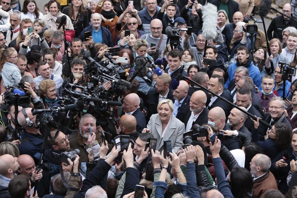 <span class="caption">Marine Le Pen was mobbed by supporters when campaigning in Normandy last week.</span> <span class="attribution"><span class="source">Jeremias Gonzales/AP/AAP</span></span>