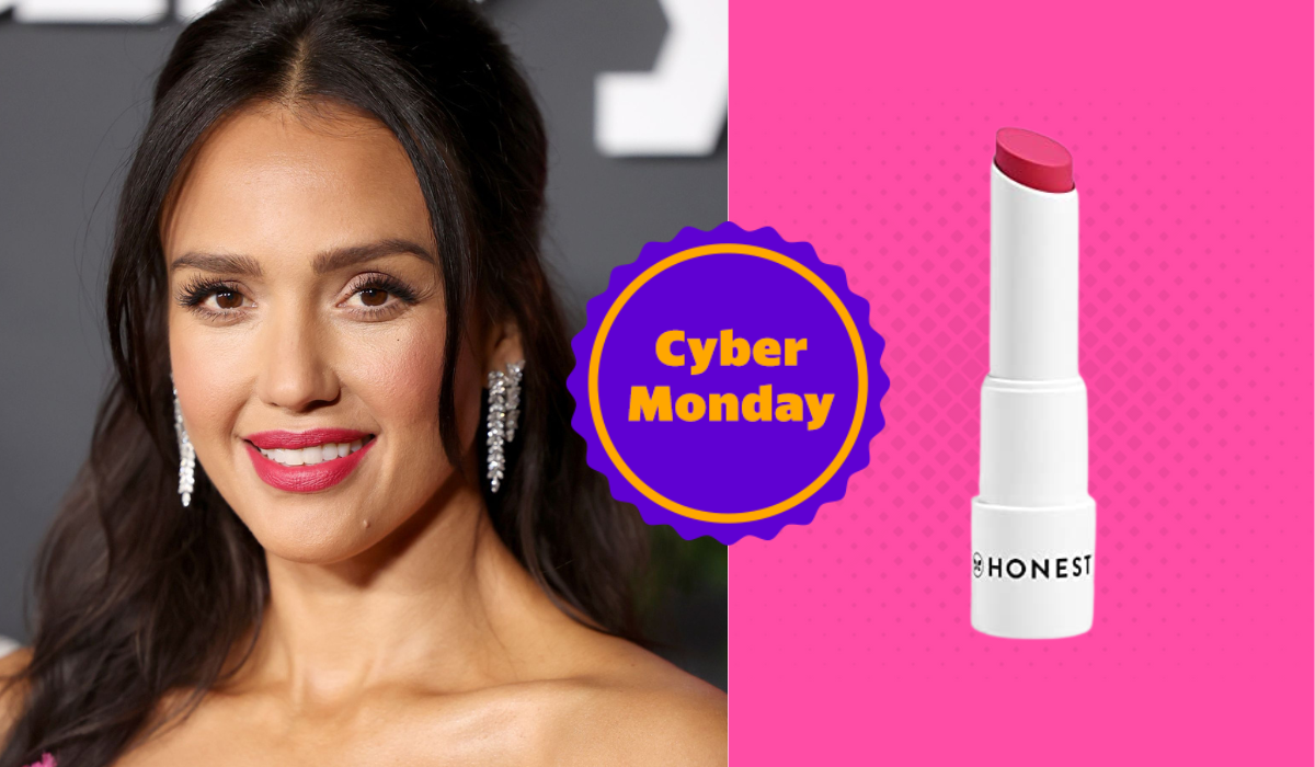 A photo of Jessica Alba next to a photo of Honest Beauty lip tint.